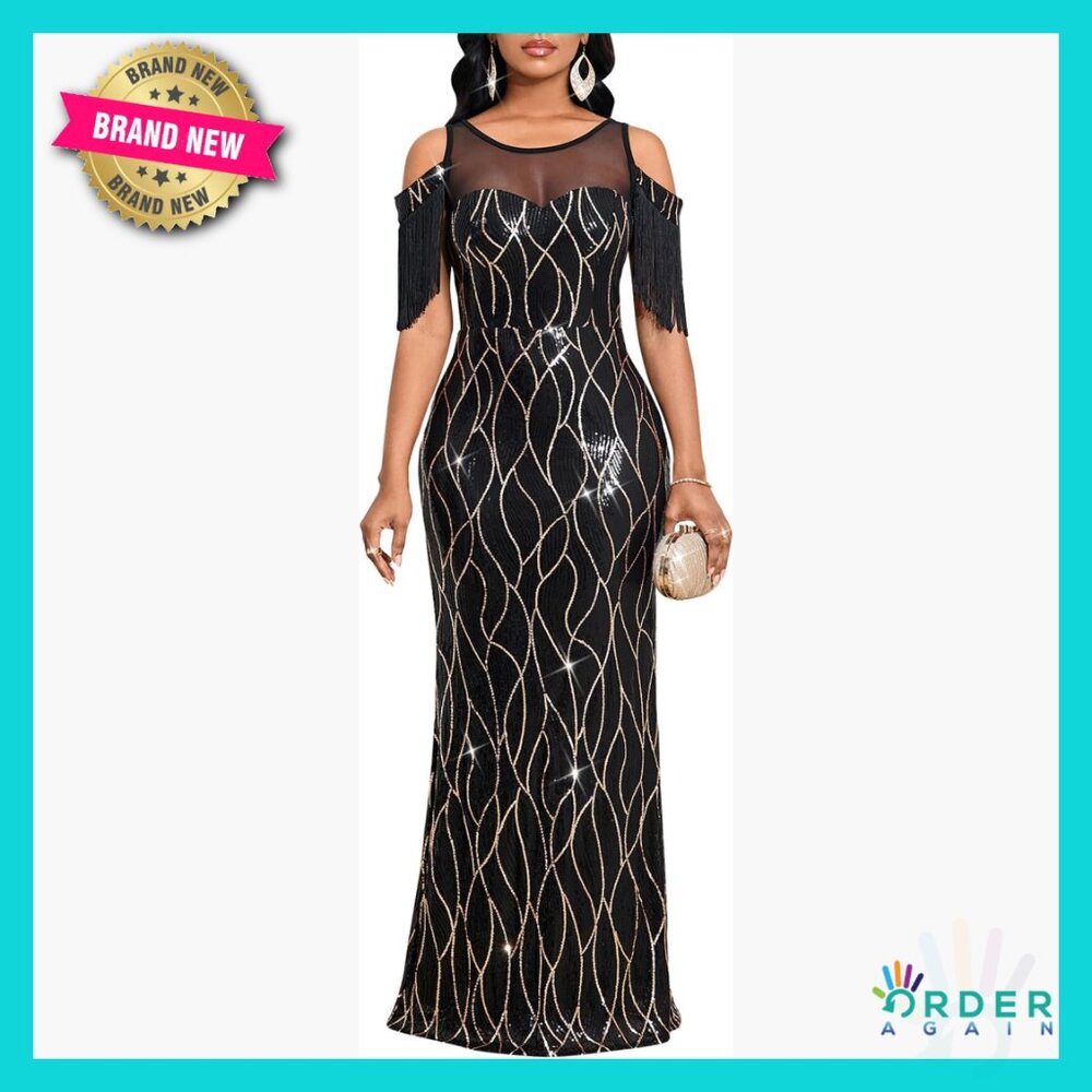 Sequin Evening Gown Cold Shoulder Tassel Sleeve Formal Maxi Dress Elegant